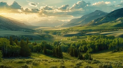 A Beautiful Landscape of a Green Valley With Mountains and Trees