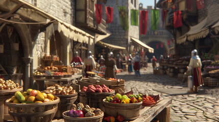 Lively scene of a medieval village market with vendors, produce, and townsfolk under warm sunlight