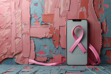 pink ribbon on the wall, phone screen 