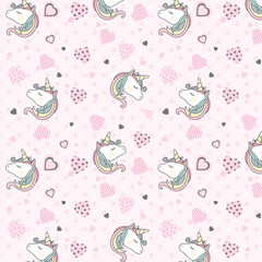Cute unicorn, princess concept, girl beauty seamless pattern isolated on pink background. Vector cartoon design. Magic, fairy tale, heart, rainbow, crown, stars, diamond