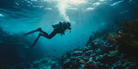 scuba diving in tropical ocean coral reef sea under water, scuba diver, diver, swim, caribbean, fiji, maldives, snorkel, marine life, aquatic, aqua blue, dive, travel, tourism  - obrazy, fototapety, plakaty