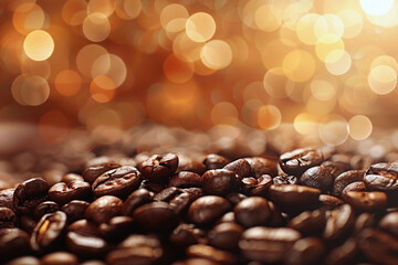 Obraz premium The combination of roasted coffee beans and a gently blurred brown background with bokeh effect offers a chic and modern design suitable for eye-catching covers and banners