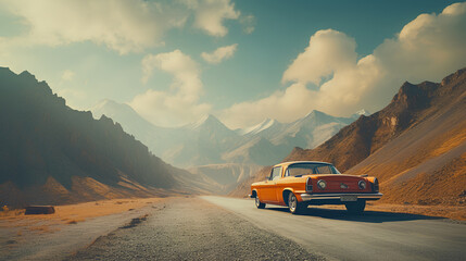 Retro styles classic car on mountains landscape. Vintage transport