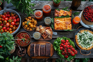 A table showcasing a diverse assortment of different types of food items arranged neatly