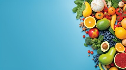 Fruits and vegetables on blue background. Healthy food concept with copy-space. Top view.