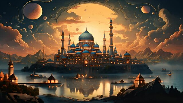 Eid Mubarak, Eid al-Fitr and Ramadan. Design of a holiday, an evening mosque with a crescent moon, a muslim, a festive table and a pattern for a greeting card, poster and background