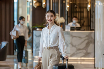 Mujer asiatica mirando a camara con camisa blanca y pantalon beige, con maleta en una mano y maletin en la otra, con fondo de recepcion lujosa de hotel
