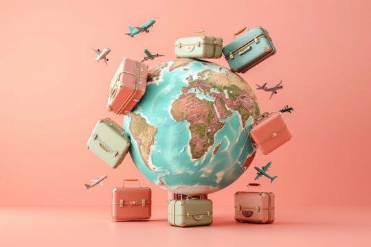 Earth globe with travel suitcase and airplanes as travelling concept. Ai generative art