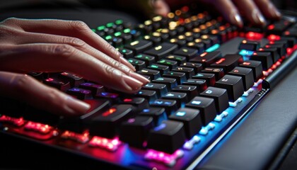 Person typing on a vibrant keyboard using fingers as an input device