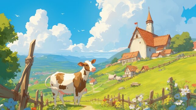 cartoon illustration of a charming cow on a picturesque farm