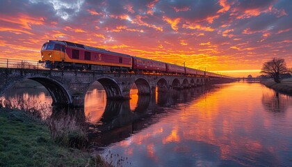 Train crossing river bridge at sunset, reflecting on water under dusk sky - obrazy, fototapety, plakaty