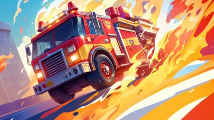 cartoon rendering of a fire truck car on a dynamic background - obrazy, fototapety, plakaty