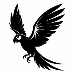 Parrot bird fly on white silhouette vector style with white and black solid color with vector and line art . 
silhouette black on white background, Looks clean silhouette vector style