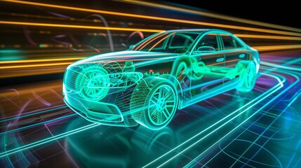 Smart Car Sedan Outlined Modeling in Teal on a Dark Background - Innovation in Transportation, Eco-friendly Vehicles, Smart Mobility Solutions - Automotive Industry, Green Technology