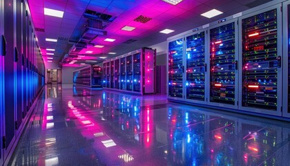 Server room with vibrant purple and electric blue lights for visual effect
