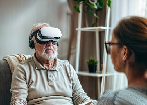 older man in a virtual reality therapy session for overcoming phobias. wearing virtual reality goggles while talking to the therapist.