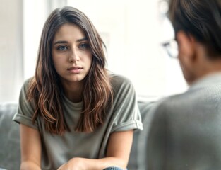 young woman in cognitive behavioral therapy session as part of her treatment for obsessive compulsive disorder, listening to her psychologist's indications.
