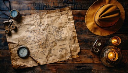 Wooden table adorned with a map, hat, magnifying glass, and candles