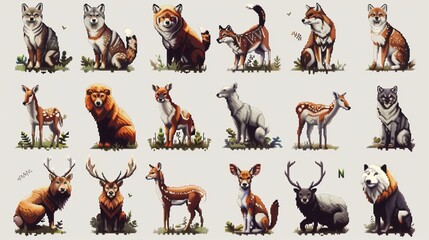 Animals pixel art set. Amazon wildlife collection. Tropical fauna, exotic species, 8 bit. Game development, mobile app. Isolated vector illustration.