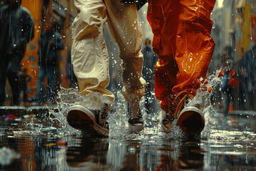 The stylish, modern legs of teenagers are on a city street.