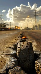 Amidst a heatwave, car tires appear to dissolve into the pavement, showcasing the power of extreme heat