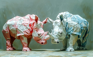Illustration of a rhinoceros made of paper in pastel colors, origami, photo style