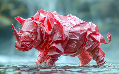Illustration of a rhinoceros made of paper in pastel colors, origami, photo style
