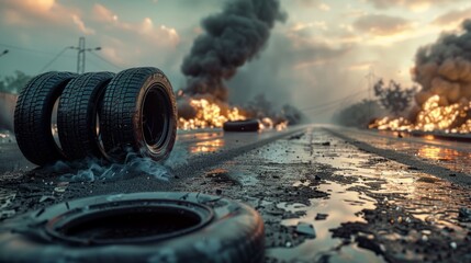 Surreal scene of car tires succumbing to the merciless heat, almost liquefying on the road - obrazy, fototapety, plakaty