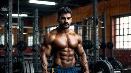 Fototapeta na wymiar Portrait Sri Lanka bodybuilder man looking at camera at old gym. Sportsman standing at barbell. Athletic asian man posing muscles workout. Sports and bodybuilding concept. Healthy lifestyle