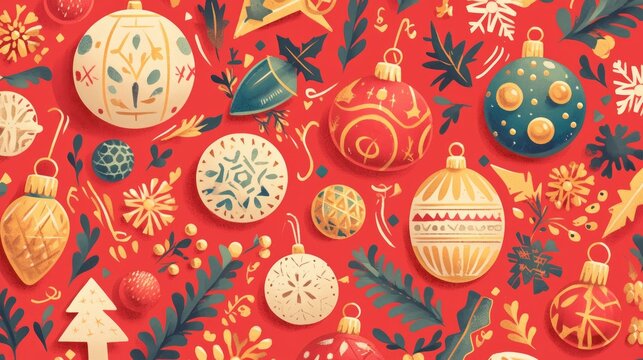 Celebrate the New Year in style with a vibrant festive pattern featuring colorful Christmas ball ornaments shimmering golden snowflakes lush fir branches and charming gift boxes against a b