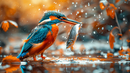Bright, beautiful kingfisher holding a caught fish in his beak all in a splash of water against a sunny natural background. - 790093709