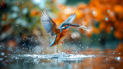 A colorful kingfisher on the fly catches fish in a body of water with its beak, splashing water in the background of nature. - 790093714