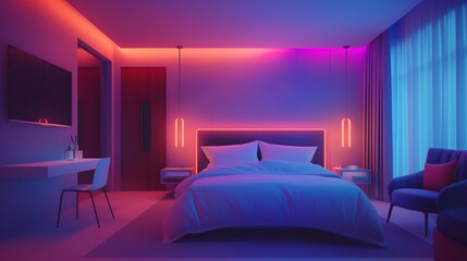 A minimalist neon-lit hotel room with clean lines and a cozy ambiance, featuring subtle neon accents that add a pop of color to the serene atmosphere.