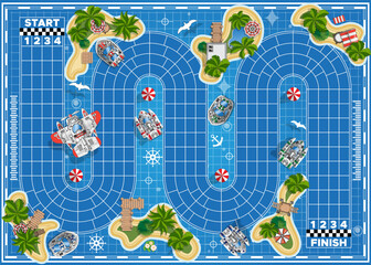 Race track near the islands. Board game. View from above. Vector illustration.