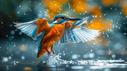 A colorful kingfisher in fast motion catches fish in a body of water, splashing water against a natural background. - 790093753