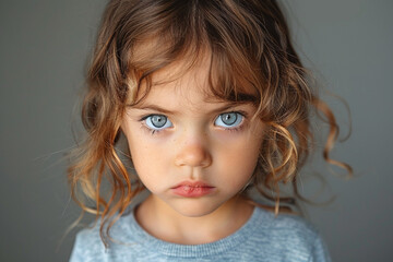 A child with a pouty lip and furrowed brows, displaying frustration and impatience - obrazy, fototapety, plakaty
