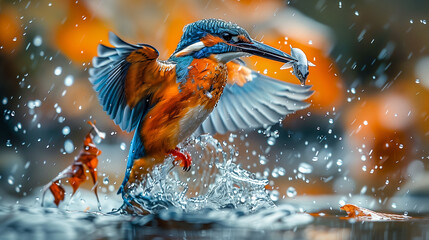 A colorful kingfisher in fast motion catches fish in a body of water, splashing water against a natural background. - 790093924