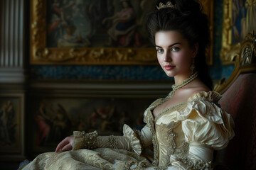 Fototapeta premium Graceful Renaissance Noblewoman: Opulent Palace Portrait in Regal Pose