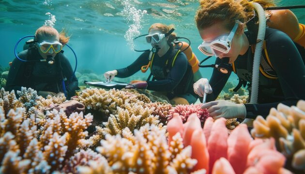 Group of scuba divers observing green coral flowers underwater