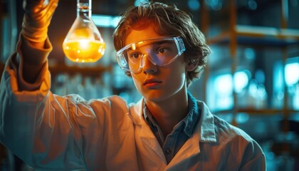 A young man in a lab coat holds a beaker with yellow liquid