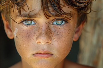 A child with a quivering lower lip and teary eyes, displaying fear and apprehension