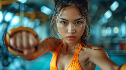 woman in a gym looking at camera punching