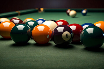 Billiard balls and cue on pool table. Russian billiards. Close-up of items for the game. Background...