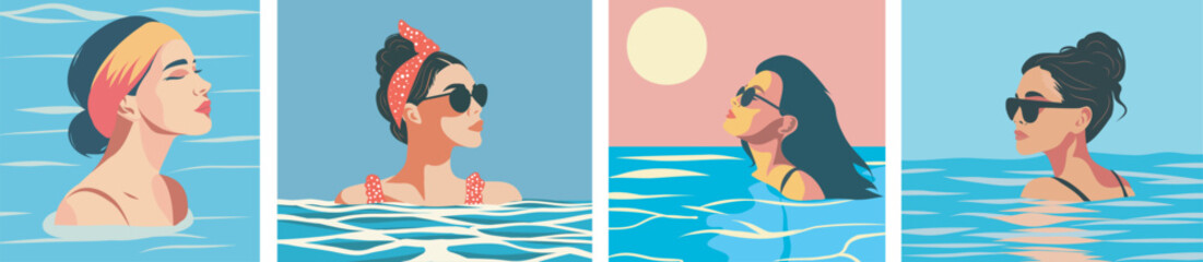  Vector set of banners posters on the theme of vacation, tourism, different tanned beautiful girls in the water in a bikini on the beach sunbathe and swim in the ocean sea.