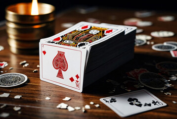 Playing cards are scattered on table. Background of scattered deck of cards filling entire space of image. Top view, close-up. Copyright space for site or logo - Powered by Adobe