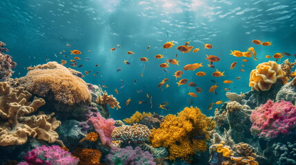 Fototapeta na wymiar Vibrant coral reef with colorful fish, thriving marine life, Healthy Ecosystem