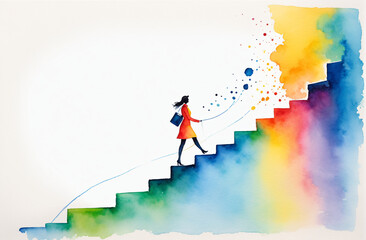 climbing to the top along a career path, moving up to success, simple drawing with watercolors, bright colors, a woman is climbing to the top of the career ladder