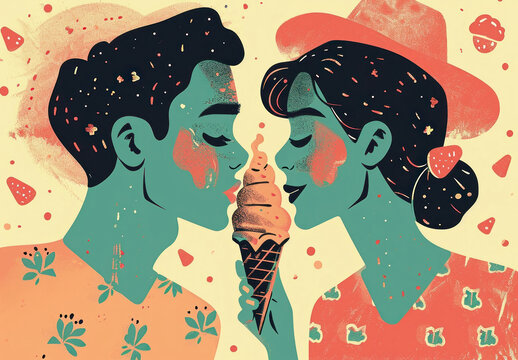 Romantic couple kissing and sharing heartshaped ice cream cone on a sunny day