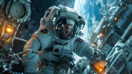 A man in a space suit is seen in a space station