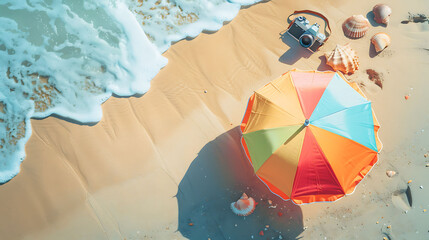  A colorful beach umbrella casting a shadow on the sand, with a camera and seashells scattered around, suggesting the presence of a girl capturing memories and collecting treasures by the shore, - obrazy, fototapety, plakaty